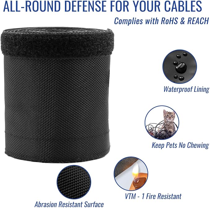 1" - 6.6 Ft Dog/Cat Cord Protector, Hook and Loop Cable Sleeve | Cable management sleeve; Reversible, flexible & cuttable; Split wire wrap for TV, USB, audio, computer and automotive; Black