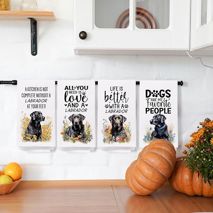 SPBL&L Black Labrador Retriever Dog Kitchen Towels Set of 4, Labrador Retriever Gifts for Women,Labrador Decor Tea Dish Towels for Kitchen,Labrador Decorative Hand Towels for Bathroom, 16x24 Inches