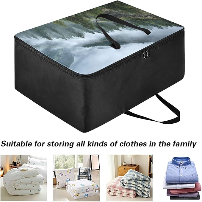 Comforter Storage Bags Large Folding Blanket Organizer Bag with Strong Handles Clear Window Closet Storage Containers for Clothes King Queen Pillows Bedding Quilt Duvet Green Tree Forest Fog