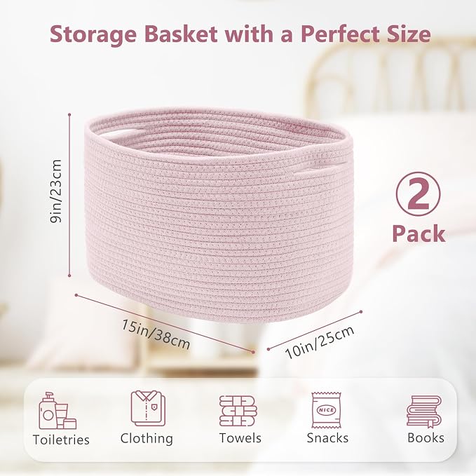 ECDYQXVU 15x10x9 Inch Woven Cotton Rope Storage Basket, 2 Pack | Foldable Design, Built-in Handles, Space-saving Organizer for Living Room, Bedroom, Laundry, Shelves, Clothes, Towels