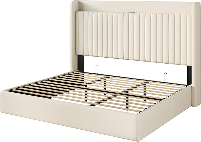 SHA CERLIN King Size Lift Up Storage Bed Frame, Charging Station, Cream | Storage Headboard with Charging Station, USB, Type-C Port Velvet Hydraulic Storage Bed No Box Spring Needed Noise Free