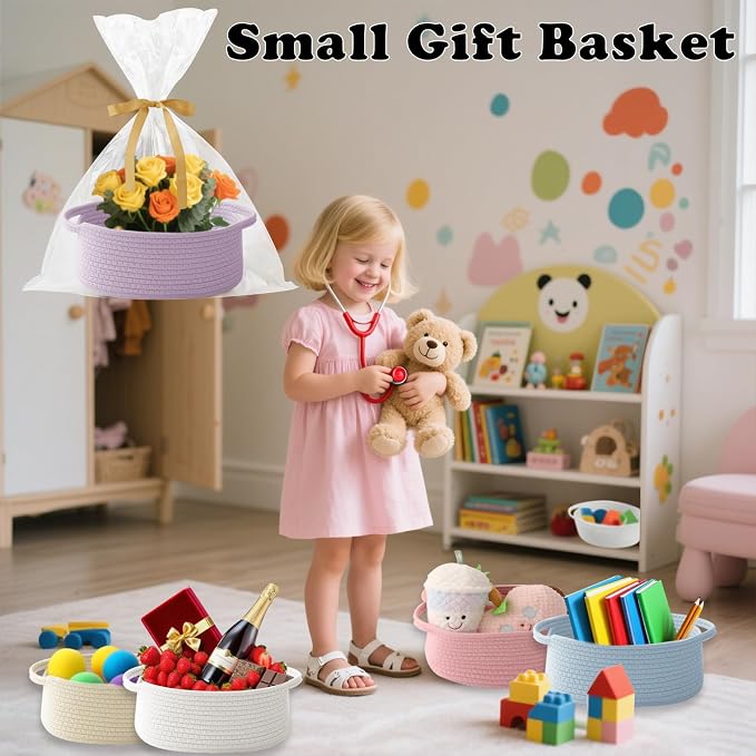 Purple Woven Rope Basket - Baby Gift Basket with Bag & Ribbon | Cotton rope with handle, 12x8x5 in, gift bag and ribbon, for baby shower, birthday, toy storage, nursery, shelf decor