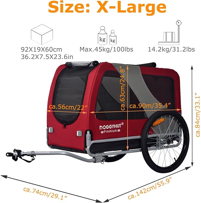 DOGGYHUT® Premium X Large Pet Bike Trailer Up to 100 lbs (Red) | Bicycle Trailer for Small Medium or Large Dogs, Dog Bicycle Carrier, Low Center of Gravity, Folding Frame Cart