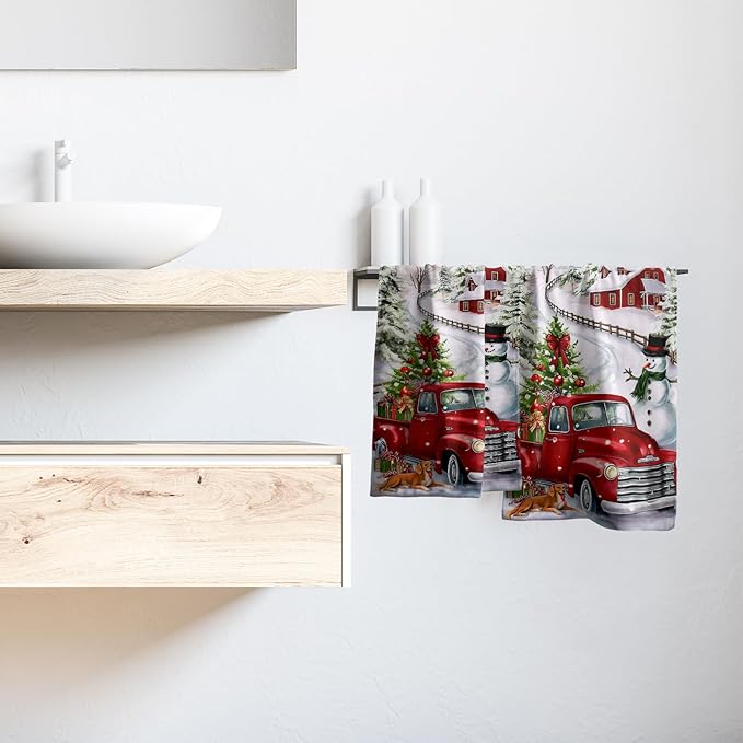 Giwawa Red Truck Towel Winter Snowman Xmas Pine Trees Decorative Hand Towels Set of 2 Snowflake Presents Snow Cottage Soft Microfiber Face Washcloth for Bathroom Guest Seasonal Hotel Gym