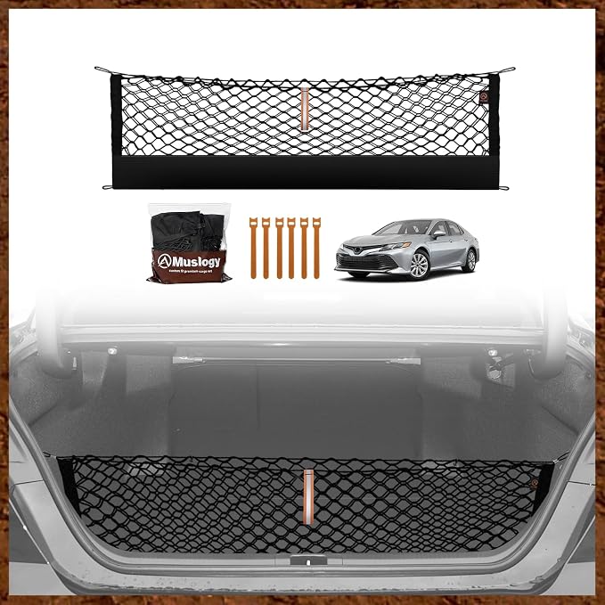 Muslogy Cargo Net for 2018-2025 2026 Toyota Camry Accessories | Custom Fit, Trunk Storage Organizer Net for SUV Sedan Van Divider, with Heavy Duty Carabiners, Night Visible Grab Handle