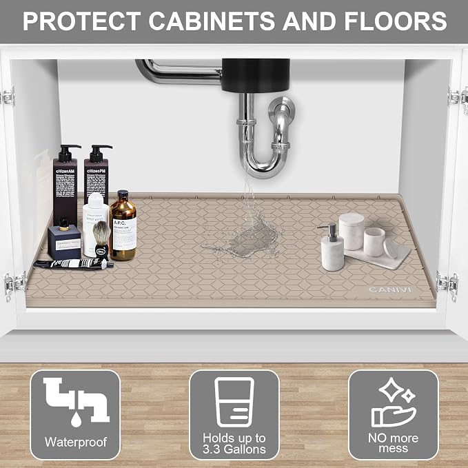 Under Sink Mat, 31"x22" Waterproof Tray for Cabinet, Holds 3 Gal | Silicone, Fits 36 inch Standard Cabinet,Leakproof & Easy Clean, Ideal for Kitchen & Laundry, Protects Shelf from Water Damage