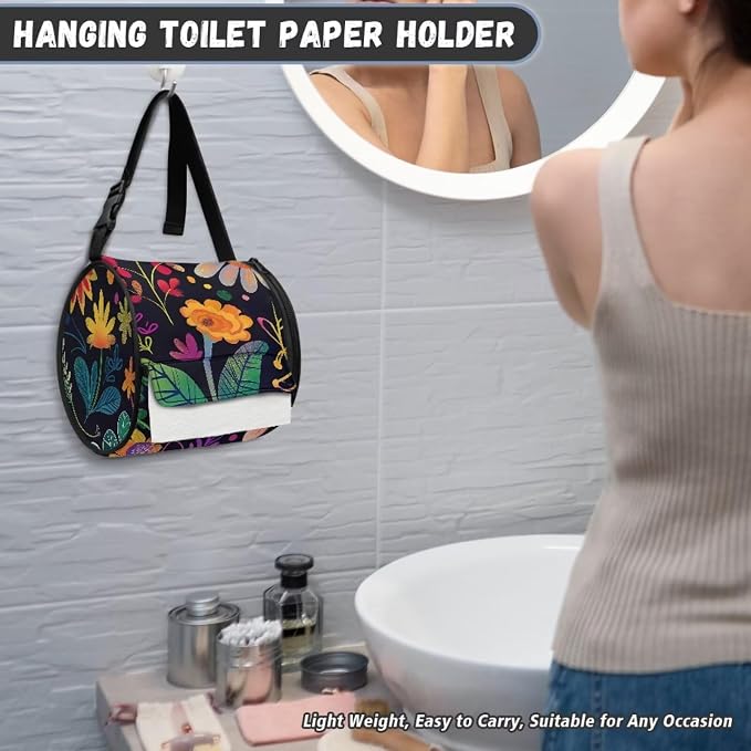 Tropical Flower Hanging Paper Towel Roll Holder with Adjustable Strap Water Resistant Toilet Tissue Roll Dispenser Handy Toilet Paper Cover Storage Holder