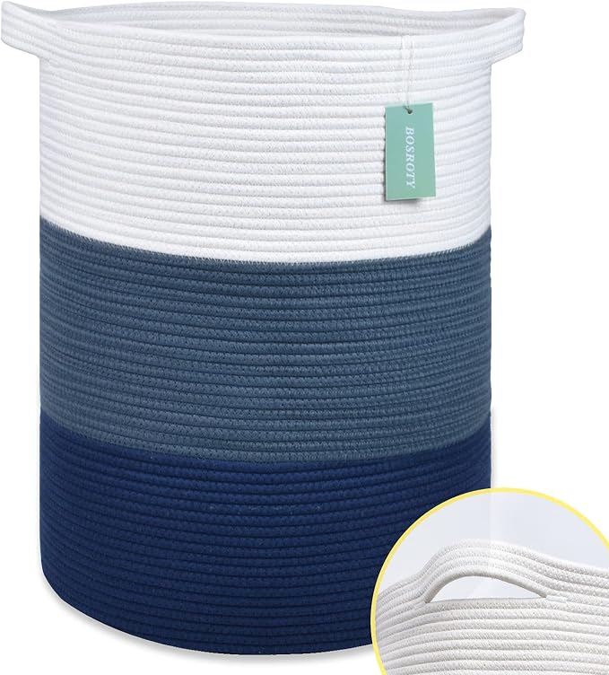 Cotton Rope Blanket Basket, 72L Tall Laundry Hamper, White & Blue