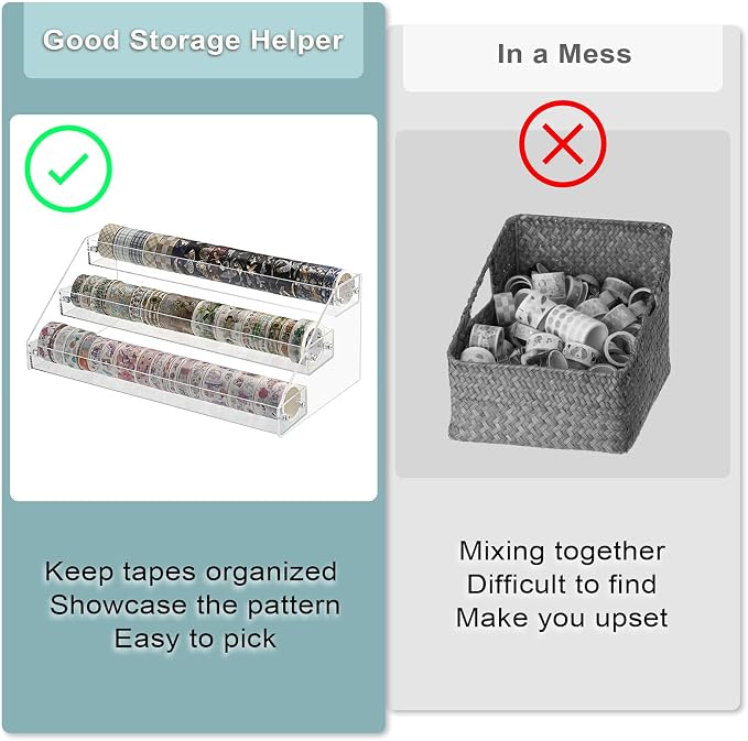 BTSKY 3 Tier Washi Tape Organizer - Clear Plastic Washi Tape Storage Rack, Assembly Washi Tape Storage Holder Washi Tape Dispenser Desk Accessories Display Caddy for Scrapbooking Art Craft Supplies