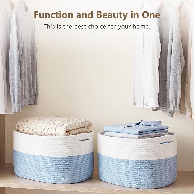 ECDYQXVU 15x10x9 Inch Woven Cotton Rope Storage Basket, 3 Pack | Foldable Design, Built-in Handles, Space-saving Organizer for Living Room, Bedroom, Laundry, Shelves, Clothes, Towels