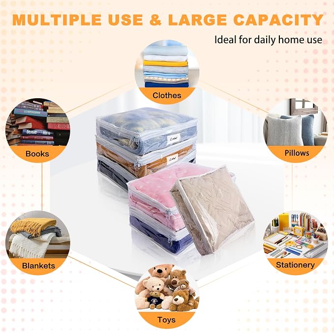 Clear Zippered Plastic Clothes Storage Bags, 6 Pack, White | Clear Storage Bags with Zipper Plastic Storage Bags for Clothes Sweaters Blankets Sheets, Size: 12 x 12 x 4 Inch
