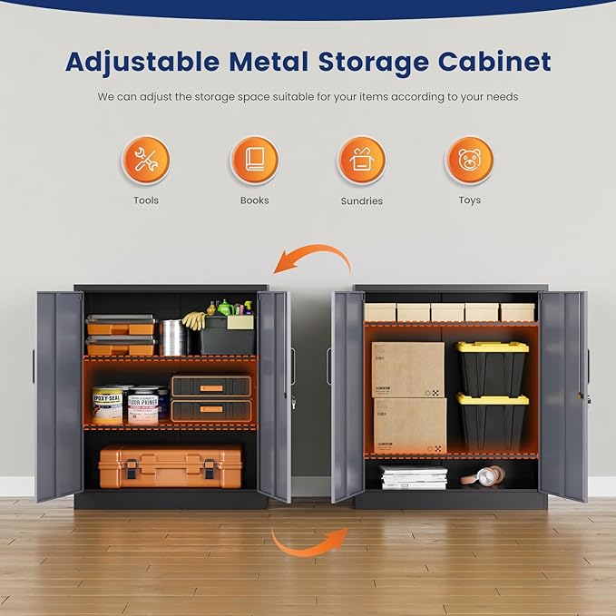 Metal Garage Storage Cabinet with 2 Doors and 2 Adjustable Shelves - 35.5" Steel Lockable File Cabinet for Home Office,Garage,Gym,School（Gray Black）