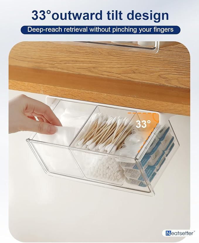 Hanging Cabinet Organizer – 33° Tilted Under Desk Drawer & Bathroom Storage – Self-Adhesive Clear Pull-Out Bins for Kitchen, Office & Vanity (Large)
