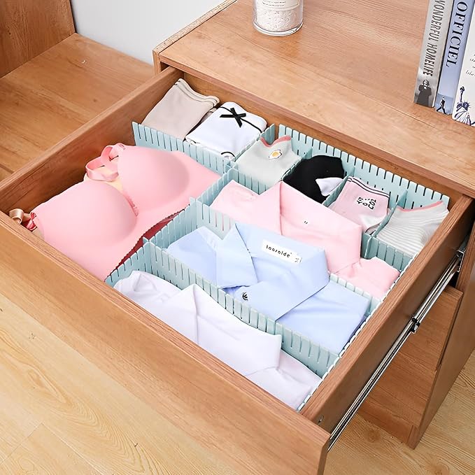 JEPELUS 40Pcs Adjustable Drawer Dividers, Drawer Separators Kitchen | 14.5x2.7In, Blue, Plastic, Drawer Divider for Bathroom Office Nursery, Baby Clothes Dresser Sock Underwear Makeup Storage