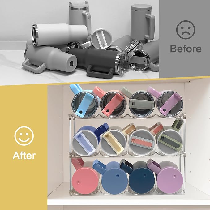 Stackable Water Bottle Organizer for Cabinet - Acrylic Tumbler Organizer Storage Rack for Stanley 40oz, Stanley Cup Holder, Pantry Kitchen Organizers and Storage for Stanley Cup, Holds 12 Bottles