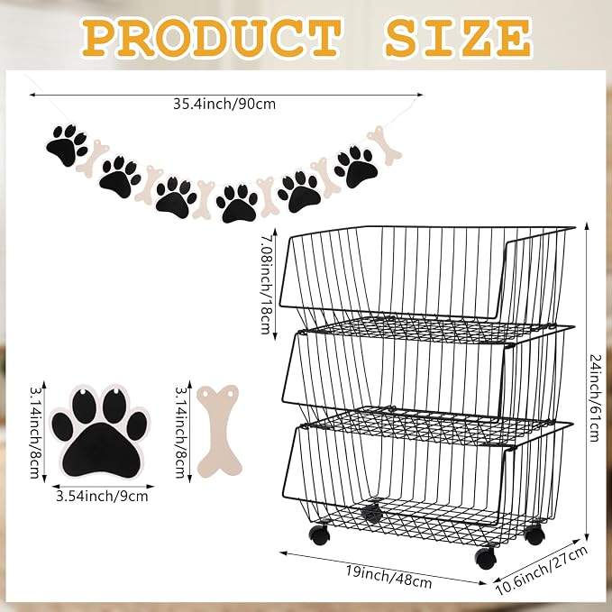Metal Dog Toy Storage Rack, 19" x 10.6" x 24" Rolling Pet Organizer Bin with Wheels, 3 Tier Detachable Wire Basket Shelf for Toys Treats & Supplies, Large Dogs Toy Storage Holder for Home