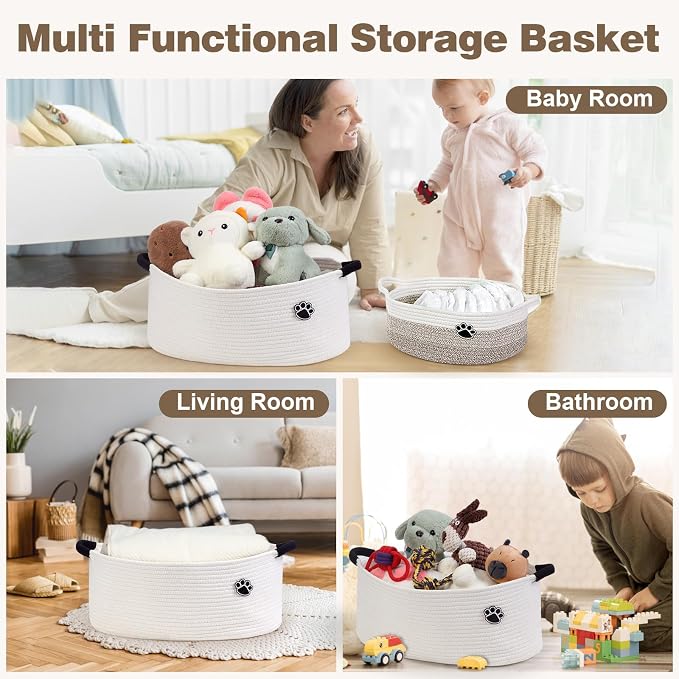 Optish Dog Toy Basket, 30L Toy Box and Bin for Dog Cat Storage, 19.7" X 11" X 7.9" Large Woven Rope Basket for Blankets, Living Room, Bedroom, White
