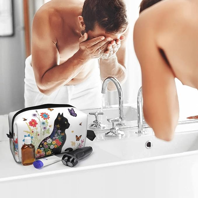Floral Cat Silhouette Makeup Bag - Durable 600D Oxford Fabric Travel Cosmetic Bag, Shockproof Foam Padded Toiletry Organizer for Gym & Daily Use 10x6.2x4.9 Inch