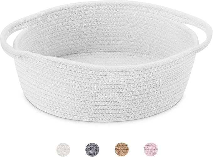 ABenkle Small Basket with Handles, Boho Decorative Rope Woven Dog Cat Toy Storage Bin Shelf Storage Organizer, Easter Christmas Gift Basket, 12"x8"x5", White