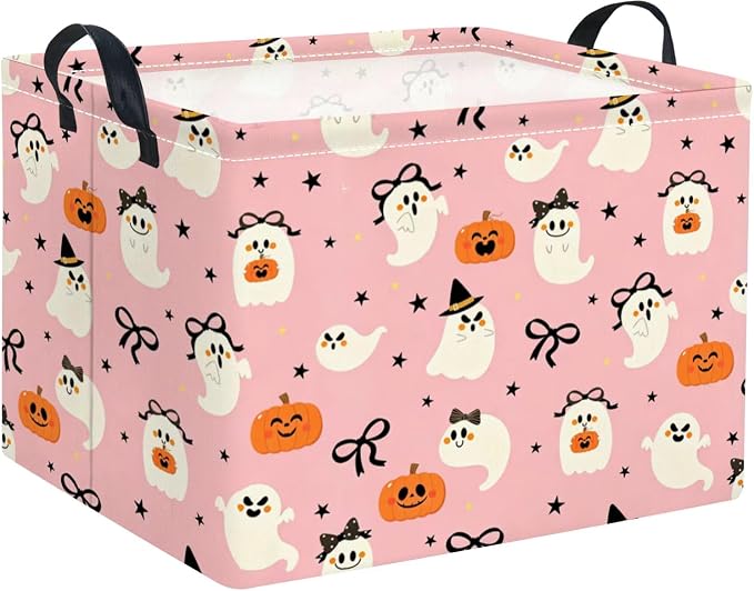 Halloween Basket Cute Baskets for Kids Pumpkin Basket Rectangular Storage Bin Organizer Box Room Decor(Bowknot Ghost)