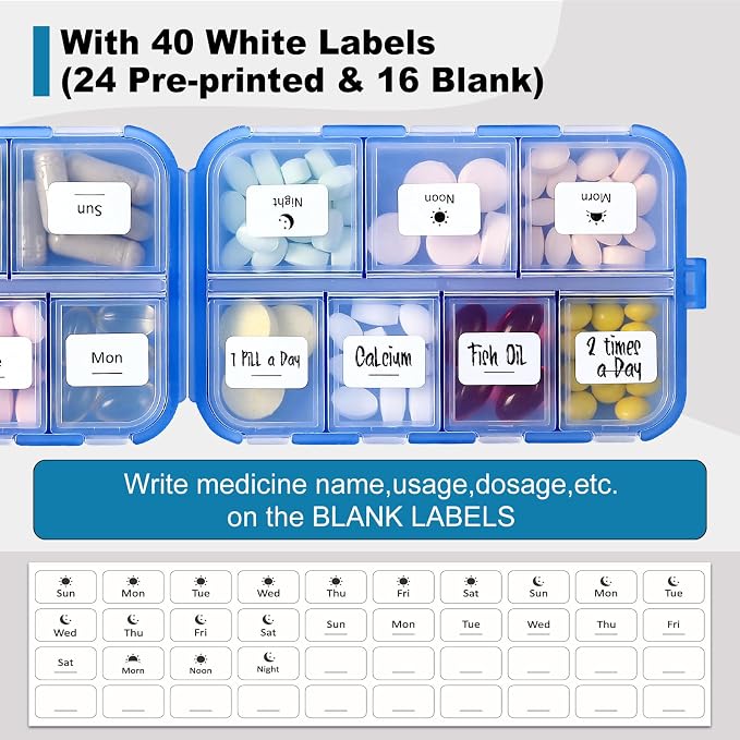14 GRIDS Travel Pill Organizer Box with Labels - Travel Medicine Case Kit - Pocket Daily Pharmacy Container - Travel Medication Holder Dispenser for Fish Oil Vitamin Supplement Storage - Clear Blue