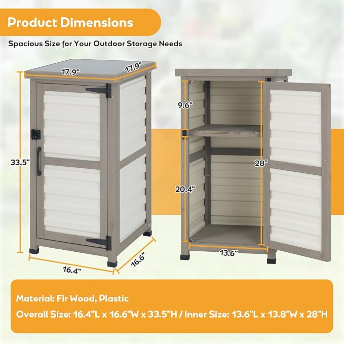 Outdoor Storage Cabinet with Metal Top, Wooden & Plastic Potting Bench & Tool Organizer, Adjustable Shelf for Patio Backyard Garden, Small Outdoor Cabinet for Tools