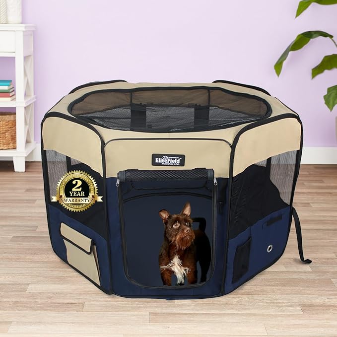 EliteField 2-Door Soft Pet Playpen for Dogs and Cats (2-Year Warranty) | 600D Fabric, Washable Floor Mat & Top Cover, Indoor/Outdoor, Carrying Bag, Ground Stakes, Zipper Locks