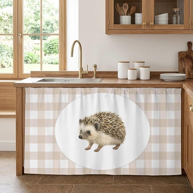 Hedgehog Sink Skirt for Bathroom, Self-Adhesive Under Sink Curtain, Modern Farmhouse Linen Checked Animal Hide Pipes & Storage Fabric Cabinet Skirt Cover for Kitchen Laundry 32"x55"