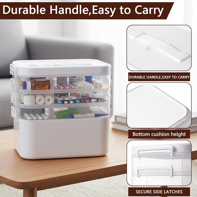 4-Tier Medicine Organizer, Medicine Cabinet Storage Box with 7 Day Pill Organizer 2 Times a Day, Stackable First aid Box with Hidden Handle, Home Organization Essentials