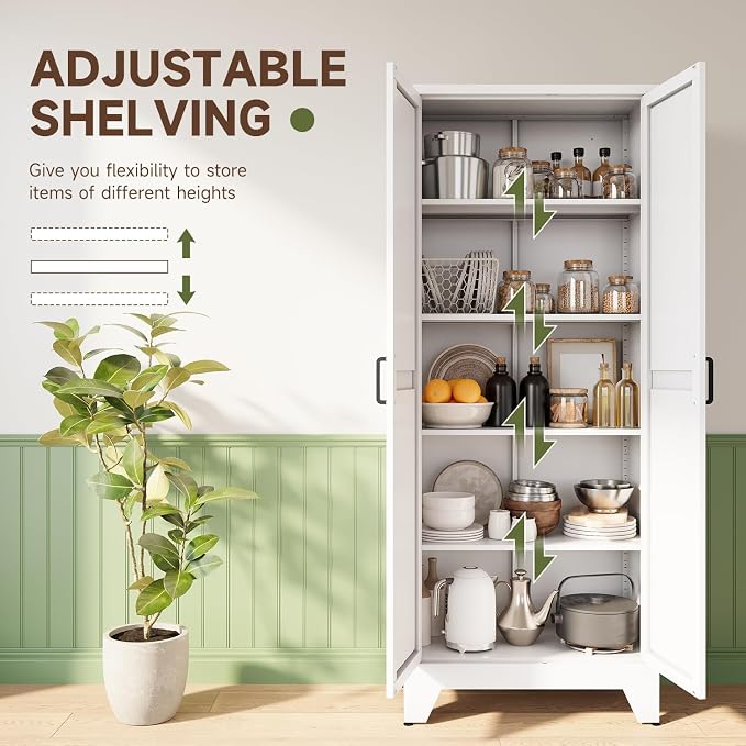 75" H Metal Storage Cabinet with 2 Doors and 4 Shelves,Tall Kitchen Pantry Cabinets,Farmhouse Utility Pantry Organizers for Cupboard/Dining/Bathroom/Home Office/Garage,White