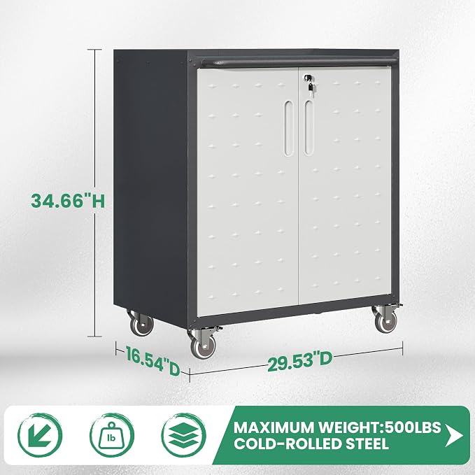 Garage Cabinets,Metal Garage Storage Cabinet with Wheels,Lockable Rolling Tool Cabinet with Drawer and Adjustable Shelves,Heavy Duty Tools Cabinet for Home Office Utility Room,Black/Grey