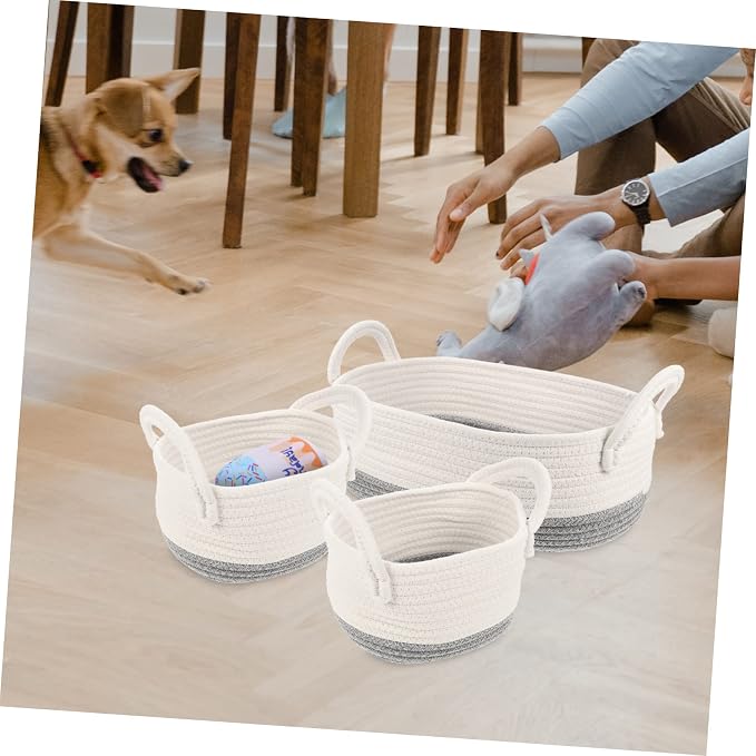 3pcs Woven Dog Toy Storage Basket Double Handles Rope Organizer for Pet Toys Compact and Practical Design for Home and Utility Rooms