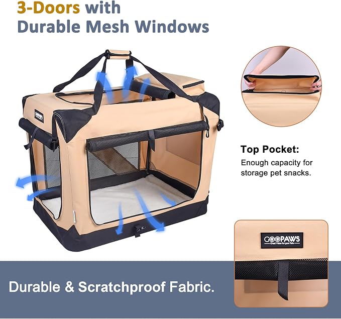 Jespet 3 Door Soft Dog Crates Kennel for Pets, Folding Travel Pet Carrier | 3 Mesh Doors 36'' Dog House, Large Pocket, Easy to Install, Steel Frame, Removable Crate Pad, For Indoor & Outdoor