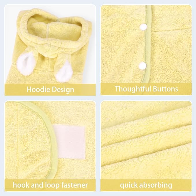 Pet Bathrobe Towel Dog Cat Drying Coat Super Absorbent Cute Dogs Bath Towel Hooded Robe Adjustable Collar & Belly Strap for XSmall to XLarge Pets (Yellow, Large)