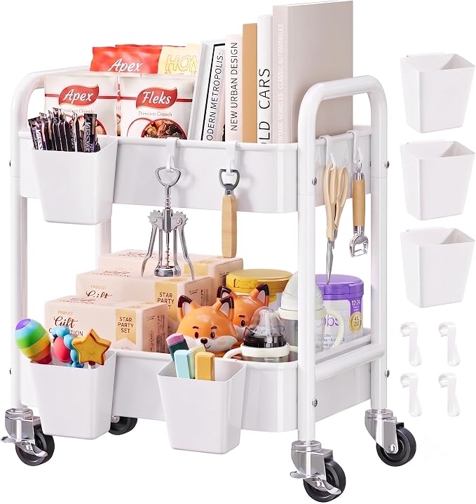 2 Tier Small Rolling Cart Metal with Wheels, White Under Desk Storage Cart on Wheels, Short Utility Roller Caddy Carts Organizer for Art,Craft,Pantry,Bathroom, Two Tiered Shelf Trolley,22 Inches Tall