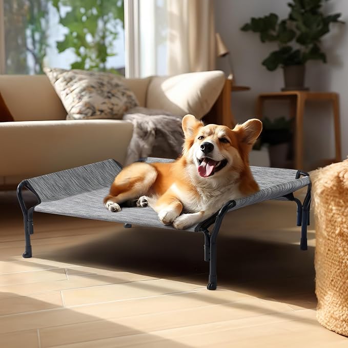 Veehoo Cooling Elevated Dog Bed, Raised Dog Cot with Guardrail & Headrest | Washable Dog Couch Bed for Indoor & Outdoor, Durable Breathable Teslin Mesh, Non-Slip Feet, Medium, 39.5" x 28", Black Silver