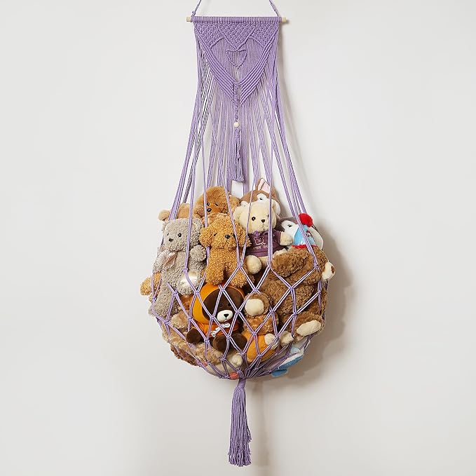 Stuffed Animal Net or Hammock Corner or Wall Hanging Net for Plush Toy Storage Boho Macrame Toy Display Nursery Bedroom Decor Stuffy Animal Toy Organizer (Purple)