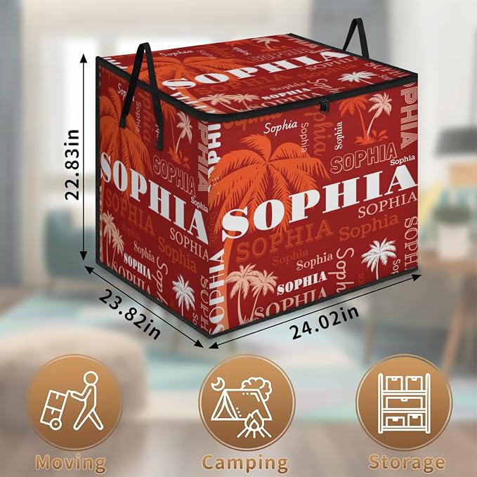 Personalized Large Storage Basket with Lid, Comforters, Bedding Storage Bin with Handles for Home, Collapsible Basket for Clothes, Moving, Car Trunk, Orange White Palm Trees Red Background