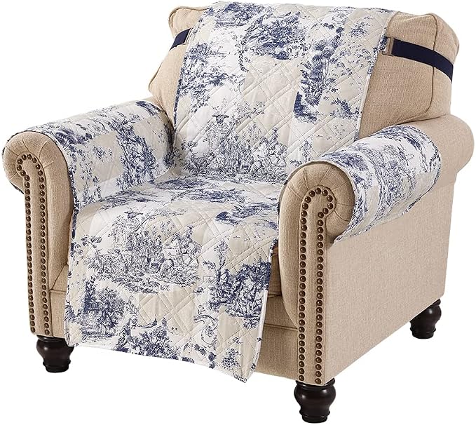 Brilliant Sunshine Blue Toile Couch Armchair Cover, Beige Ivory, 23" seat | Quilted Sofa Cover, Living Room & Bedroom Furniture Protector, Washable Chair Slipcover for Pets, Dogs & Cats