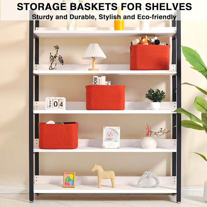 Storage Baskets for Organizing Shelves, Woven Cotton Rope Basket for Storage, Dog Toy Baskets Storage Kids, Cute Shelf Basket for Living Room Bedroom, 14.8"×11"×9.5", Pack of 3, Brick Red