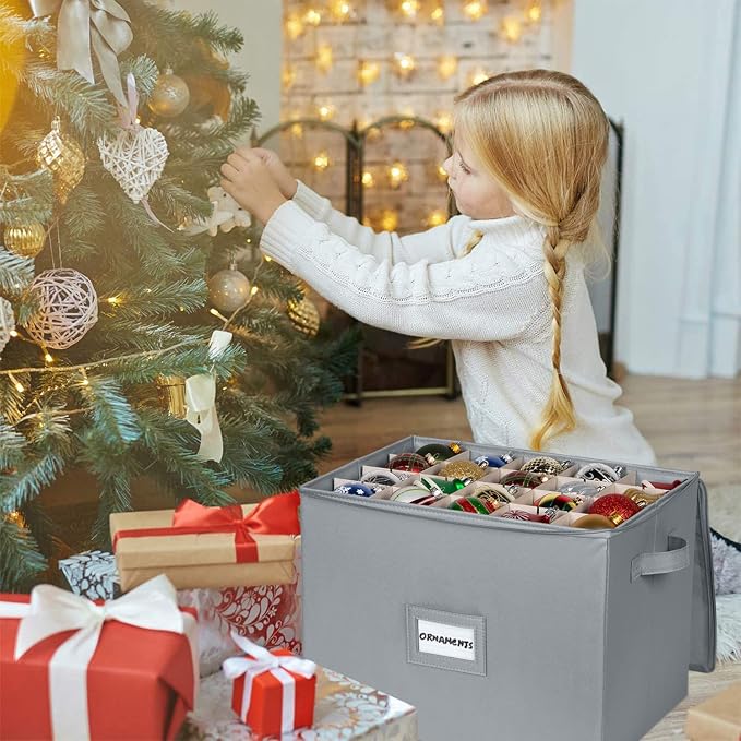 Christmas Ornament Storage Box - Large Christmas Decor Storage Containers that Store up to 128 Ornaments of 3 Inches - Durable Material To Protect And Store Holiday Ornaments Décor, Gray