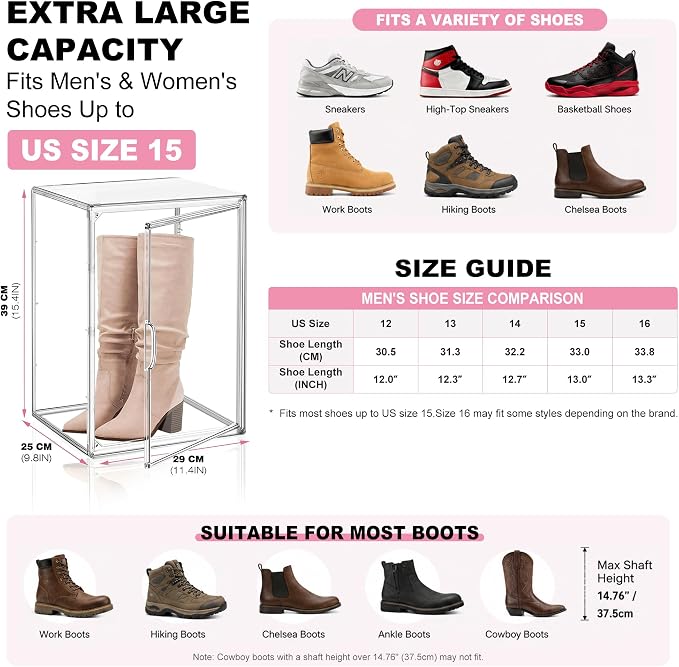 Clear Tall Boot Storage Box, Organizer for Ankle Boots and Booties | Fits Men/Women Shoes Size 15.Designed for ankle boots,short fashion boots.Clear stackable storage with dustproof protection.