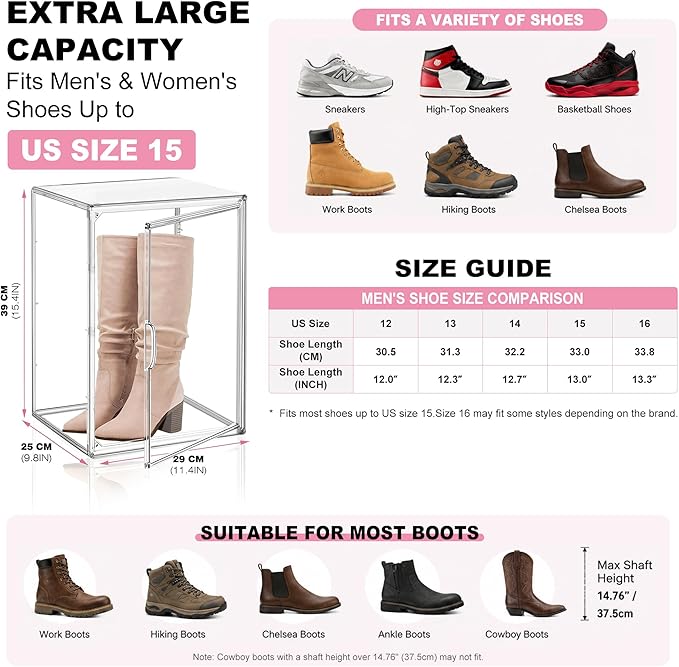5 Pack Clear Tall Boot Storage Box, Organizer for Ankle Boots and Booties | Fits Men/Women Shoe's Size 15.Designed for ankle boots,short fashion boots.Clear stackable storage with dustproof protection
