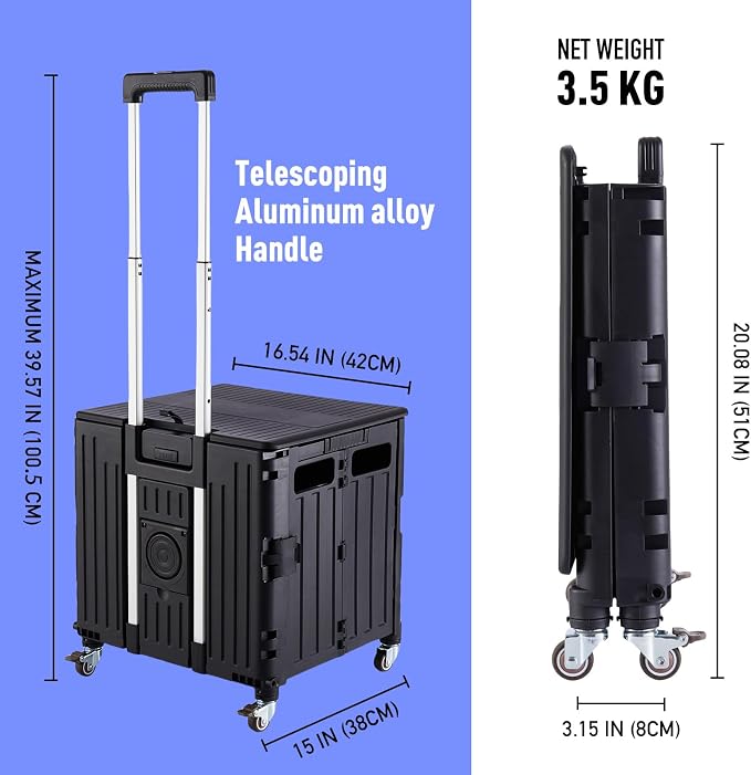 SUBICOO Folding Utility Cart Portable Rolling Crate Handcart Shopping Trolley Collapsible Tool Box, with Lid, on 4 Rotate Wheels, for Grocery, Shopping, Office, Teacher, Camp(Black)