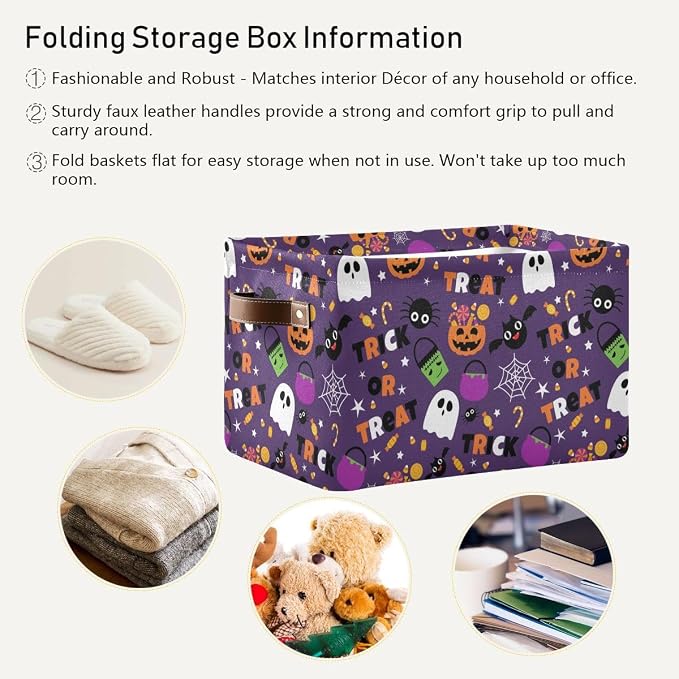Happy Halloween Purple Storage Basket Fabric Kitchen Baskets Pumpkin Skull Ghost Bat Trick or Treat Open Home Storage Bins Boxes Foldable for Candy Toy Decorations Baskets 2 Pack 16×12×8 Inches
