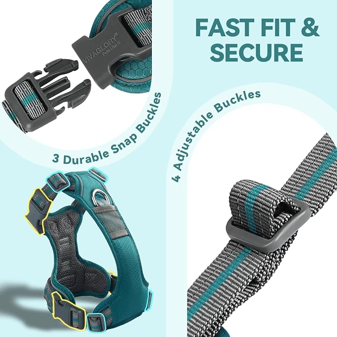 VIVAGLORY No Pull Dog Harness Vest Harness, XS, Hunter Teal - Patterned | with Handle Front and Back Clip for Training & Pulling, No Pull & Escape Proof Padded Adjustable for Pet Puppy
