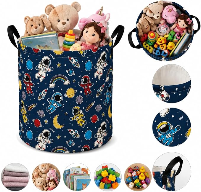 MAIZMZ Kids Storage Bin Astronaut Space Hamper,15.7" D x 19.7" H Waterproof Linen Laundry Basket with Leather Handles for Boys Room, Gifts