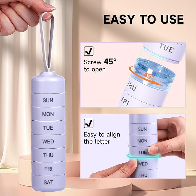 Betife Travel Pill Organizer, 7 Day Stackable Weekly Pill Case - Purple | Daily Pill Container with 7 Large Stackable Compartments, Sturdy ABS Snap-lock, No Metal-on-Metal Friction, Portable Pill Box