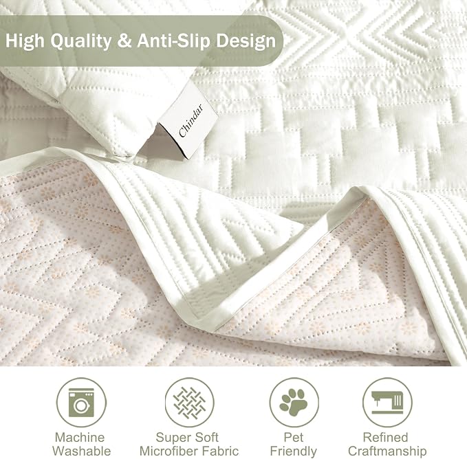 Boho Quilted White Couch Cover with Pockets for Extra-Large Sofa Pet Friendly, Anti-Slip Oversized Sofa Cover with Pockets, Water-Repellent Couch Covers Washable (X-Large Sofa 78", White)