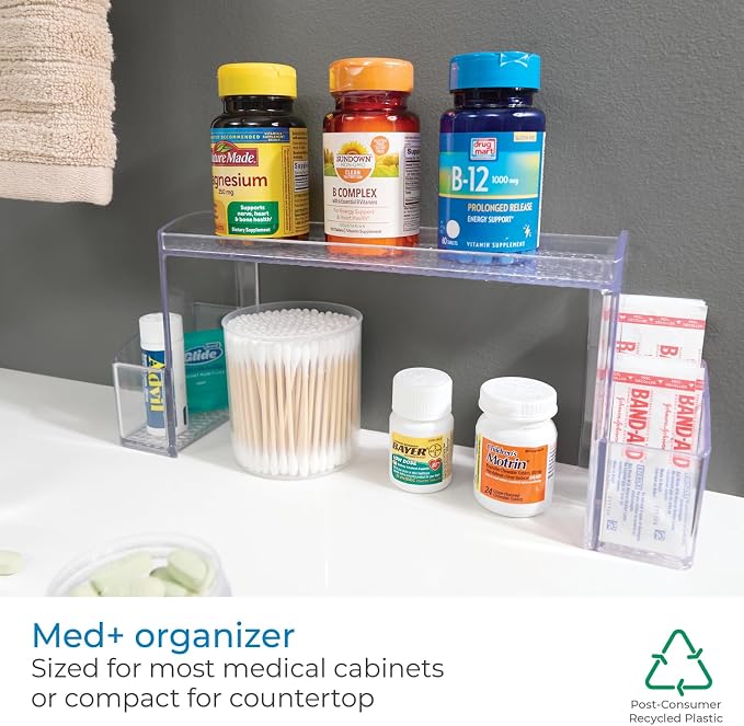iDesign - 43130 Med+ Plastic High Rise Bathroom Medicine Cabinet Organizer, for Vanity, Prescriptions, Toothbrushes, Toothpaste, Accessories, Cosmetics, Toiletries, 12" x 3" x 5.25", Clear